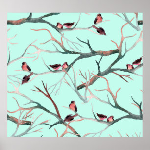 Winter Birds Tree Branches Watercolor Poster