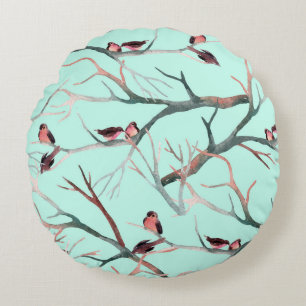 Winter Birds Tree Branches Watercolor Round Pillow
