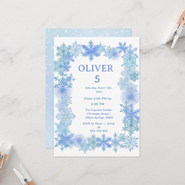 Winter Birthday Invitation, Minimalist Snowflake  Invitation (Front/Back In Situ)