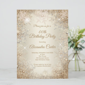 Winter Birthday Party Beige Cream Gold Snowflake Invitation