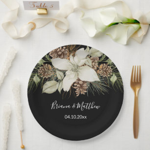 Winter Black and White Elegant Script Wedding Paper Plate