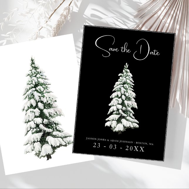 Winter Black and White Snowy Pine Tree Wedding Save The Date (Winter Black and White Snowy Pine Tree Wedding Save The Date)
