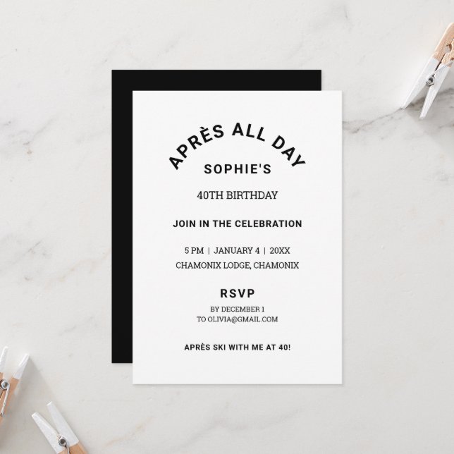 Winter Black Après All Day 40th Birthday Ski Theme Invitation (Front/Back In Situ)
