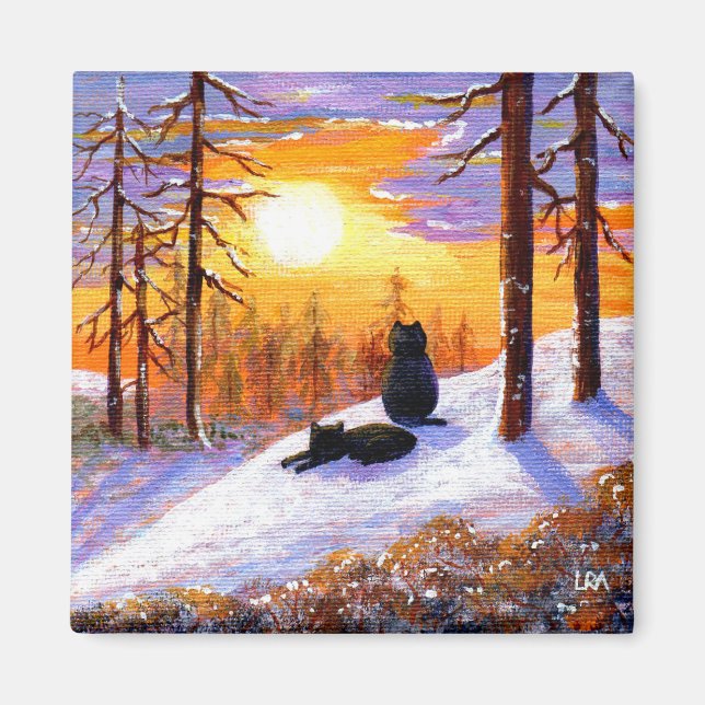 Winter Black Cats Snowy Forest Creationarts Magnet (Front)