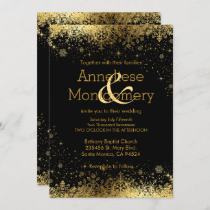 Winter Black & Gold Snowflakes Wedding Invitation