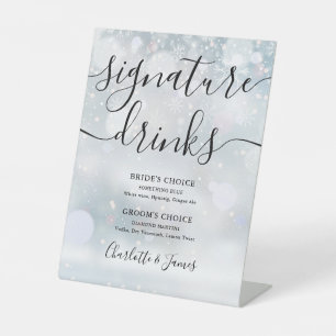 Winter Black Script Wedding Signature Drinks Pedestal Sign