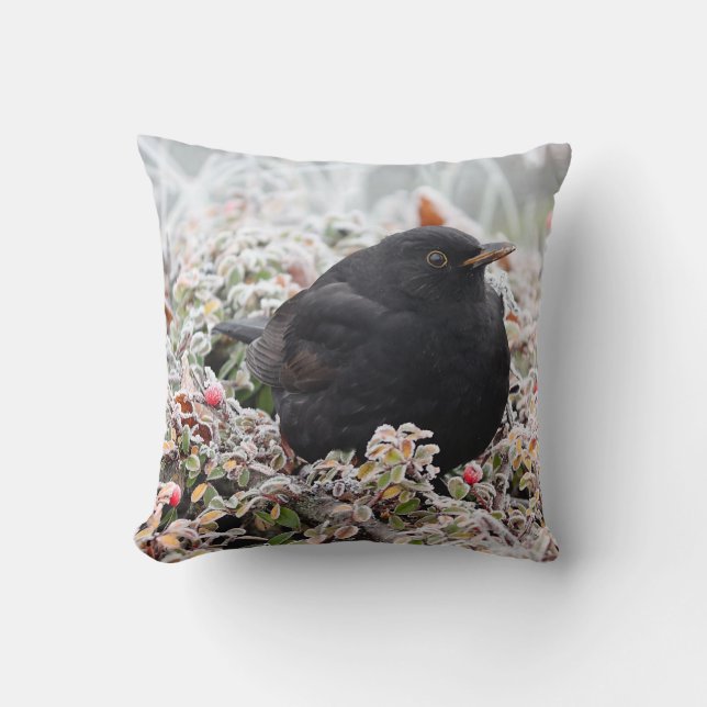 Winter Blackbird Throw Pillow (Front)
