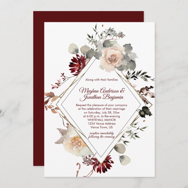 Winter Blooms Diamond Shape - Burgundy Wedding Invitation (Front/Back)