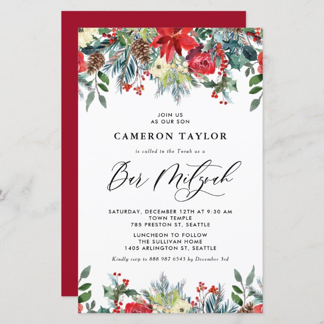 Winter Blooms Floral Bar Mitzvah Invitation (Front/Back)