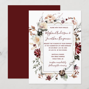 Winter Blooms Gold Frame - Burgundy - Wedding Invitation
