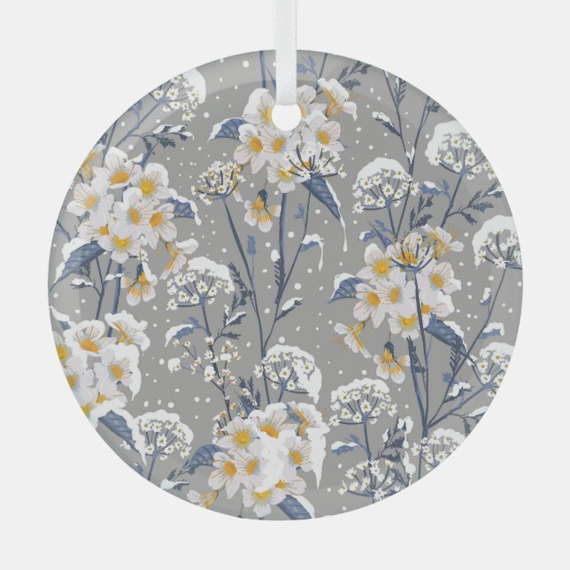 Winter Blossom: Delicate Floral Pattern Glass Ornament (Front)