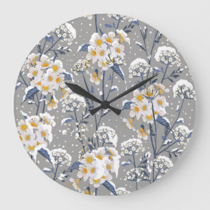 Winter Blossom: Delicate Floral Pattern Large Clock