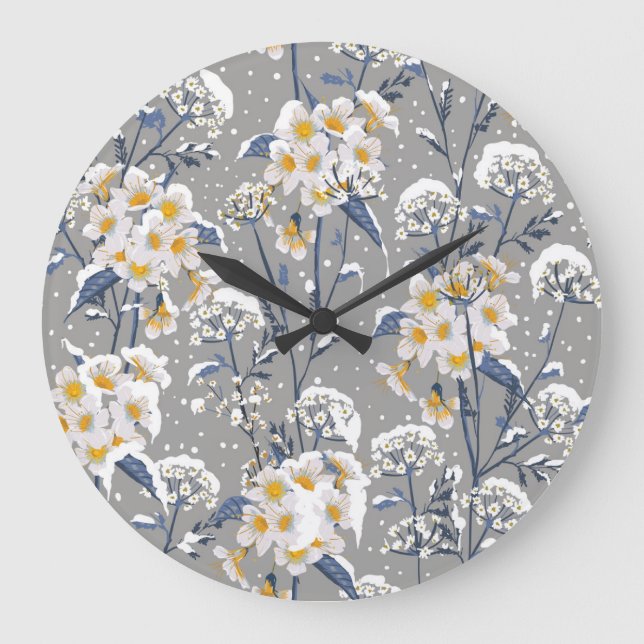 Winter Blossom: Delicate Floral Pattern Large Clock (Front)