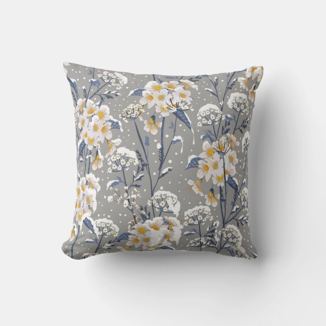 Winter Blossom: Delicate Floral Pattern Throw Pillow (Front)