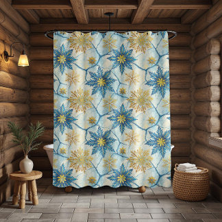 Winter Blue And Gold Frosted Snowflake Pattern