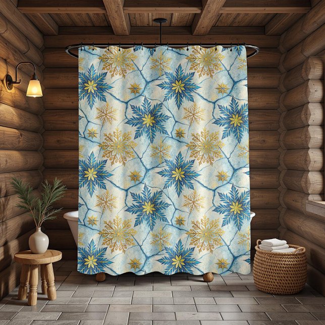 Winter Blue And Gold Frosted Snowflake Pattern (Winter Blue And Gold Frosted Snowflake Pattern Shower Curtain)