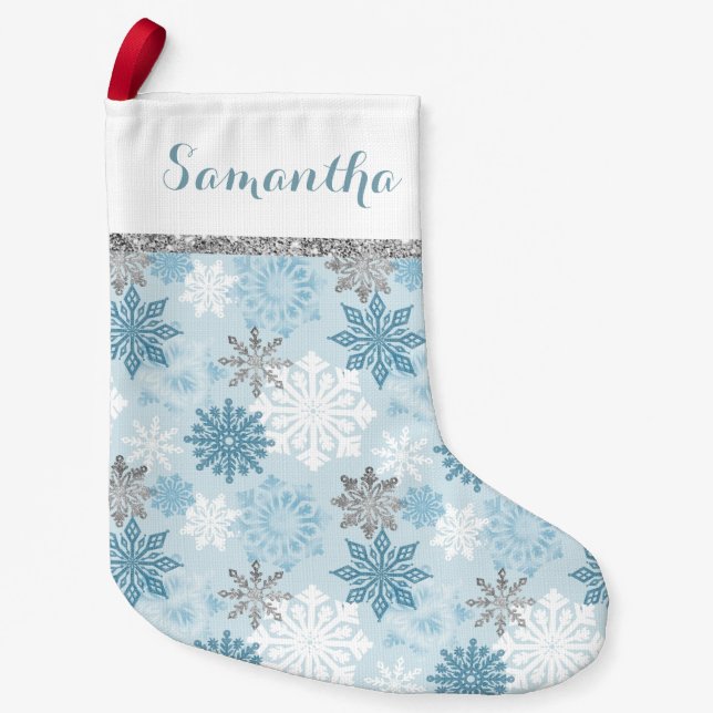 Winter Blue And Silver Personalized Small Christmas Stocking (Front)