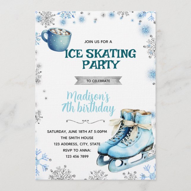 Winter Blue and Silver Skating Invitation (Front)