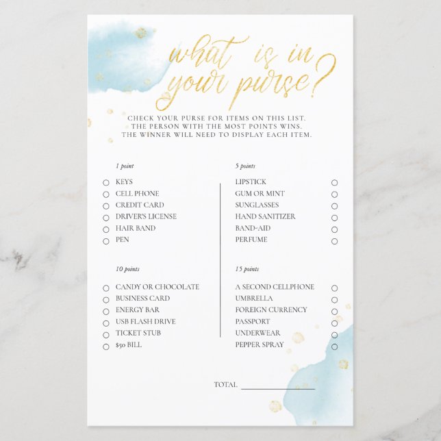 Winter Blue Baby Shower Game What Is In Your Purse (Front)