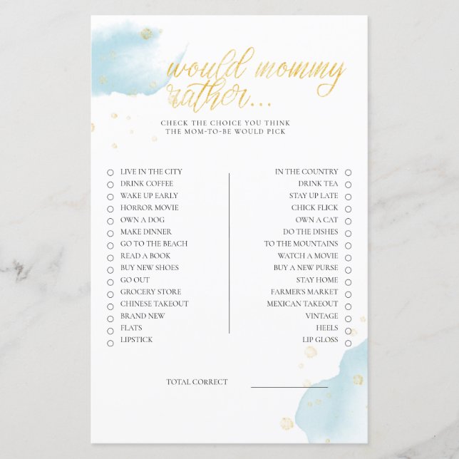 Winter Blue Baby Shower Game Would Mommy Rather (Front)