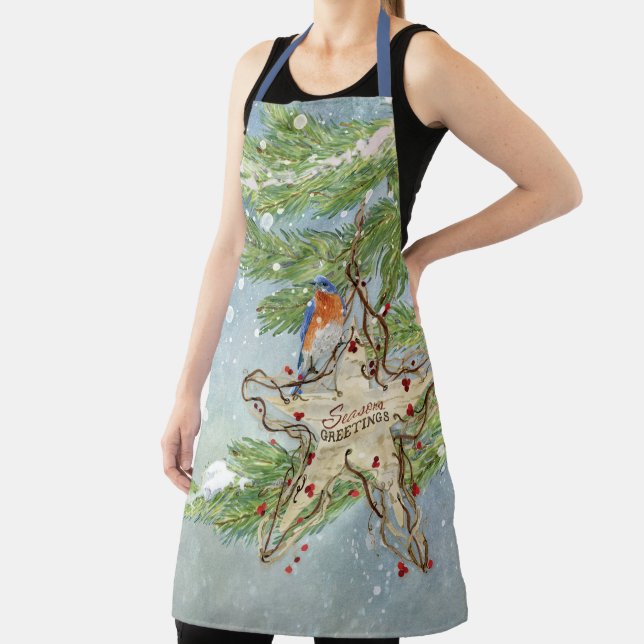 Winter Blue Bird Christmas Watercolor SnowTree Apron (Insitu)