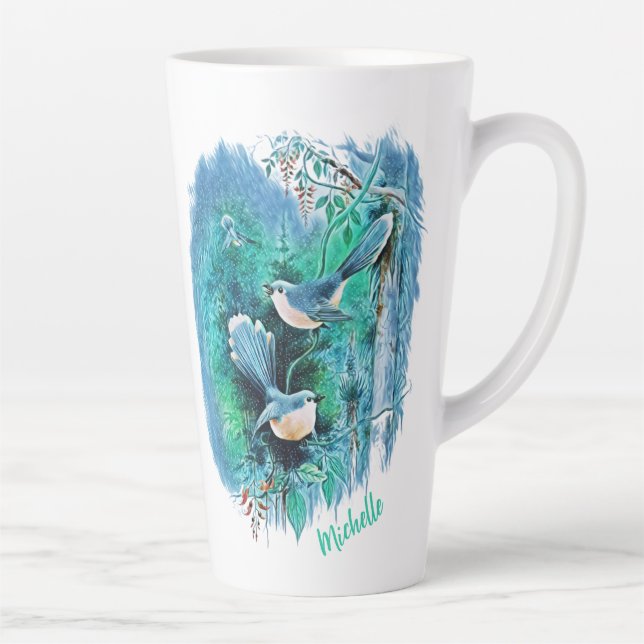 Winter Blue Birds Painting With Name Latte Mug (Right)