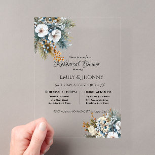 Winter Blue Boho Floral Rehearsal Dinner Acrylic Invitations