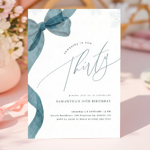 Winter Blue Bow Coquette Girl Boy 30th Birthday Invitation
