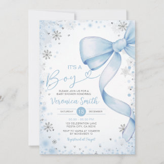 Winter Blue Bow themed Girl Coquette Baby Shower Invitation