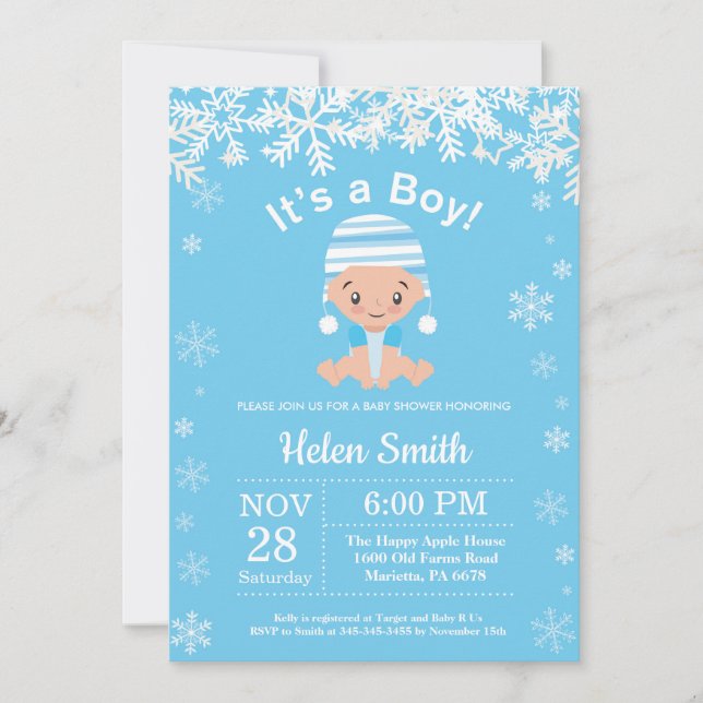 Winter Blue Boy Baby Shower Snowflake Invitation (Front)