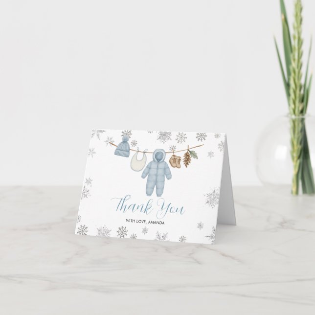 Winter Blue Boy Baby Shower Snowflakes Thank You Card (Front)
