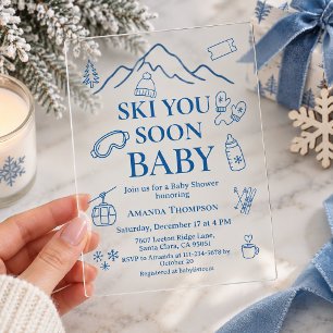 Winter Blue Boy Ski You Soon Baby Shower Acrylic Invitations