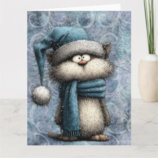 Winter Blue Christmas Cat With Hat And Scarf Card