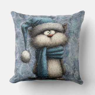 Winter Blue Christmas Cat With Hat And Scarf Throw Pillow