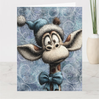 Winter Blue Christmas Cute Giraffe With Hat Card