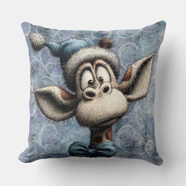Winter Blue Christmas Cute Giraffe With Hat Throw Pillow (Front)