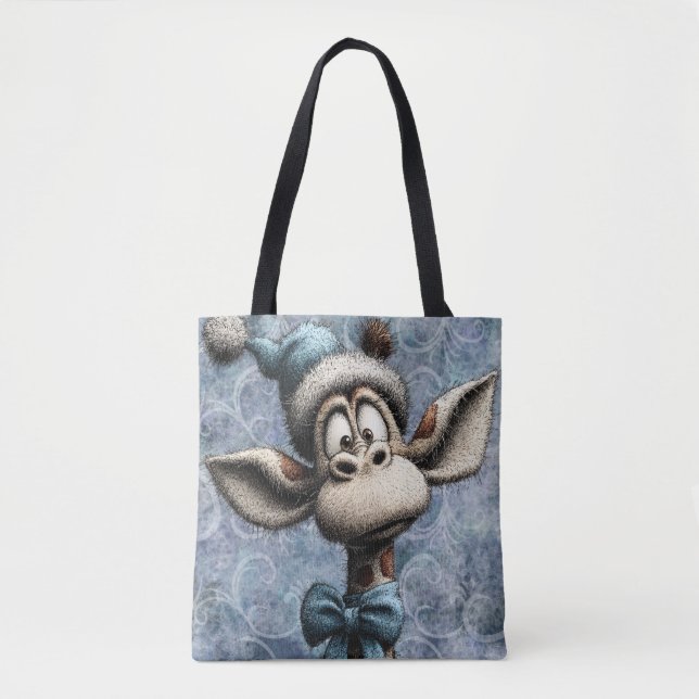 Winter Blue Christmas Cute Giraffe With Hat Tote Bag (Front)