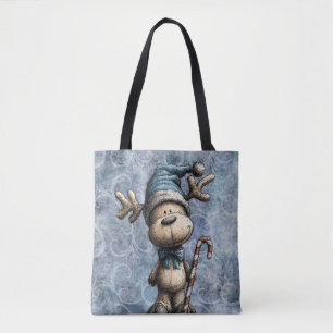 Winter Blue Christmas Cute Reindeer With Hat Tote Bag