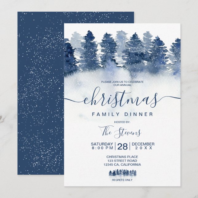 Winter blue forest wood watercolor snow Christmas Invitation (Front/Back)
