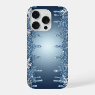Winter Blue Glitter Snowflake Icy Crystal Design iPhone 15 Pro Case