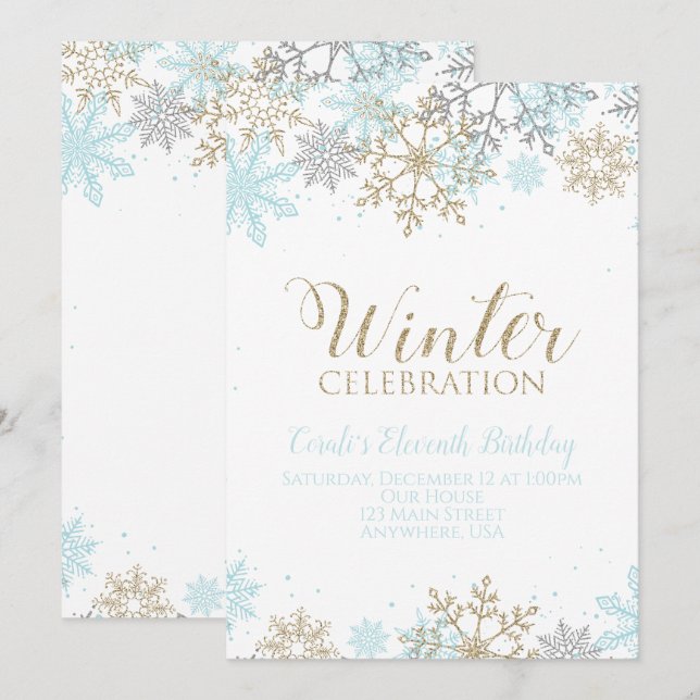 Winter Blue Gold Silver Snowflakes Birthday Invitation (Front/Back)