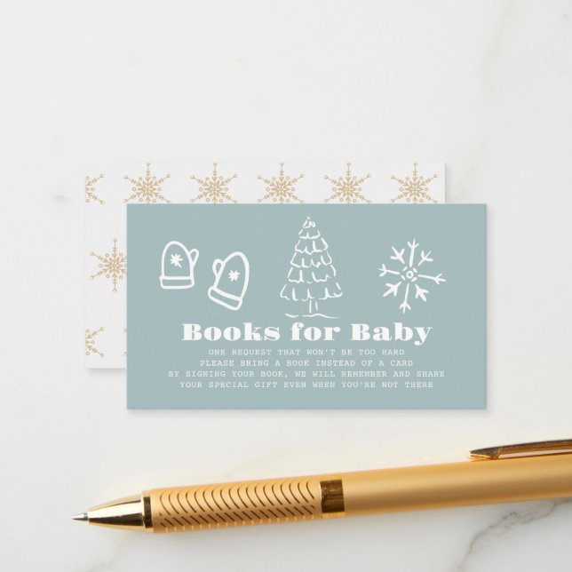 Winter Blue Hand-Drawn Baby Shower Book Request Enclosure Card (Front/Back In Situ)