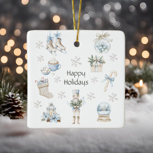 Winter Blue Happy Holidays Watercolor Ceramic Ornament