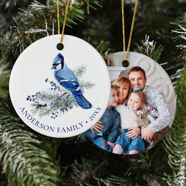 Winter Blue Jay Family Photo Christmas  Ceramic Ornament (Creator Uploaded)