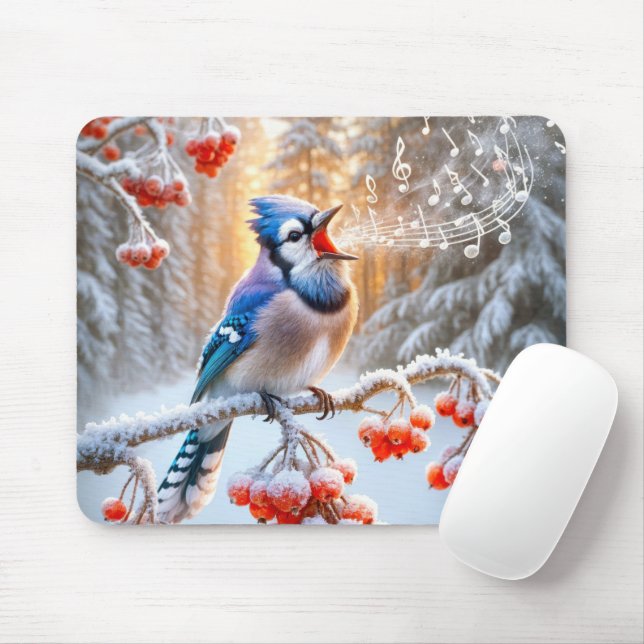 Winter Blue Jay Singing On Berry Tree Mouse Pad (With Mouse)
