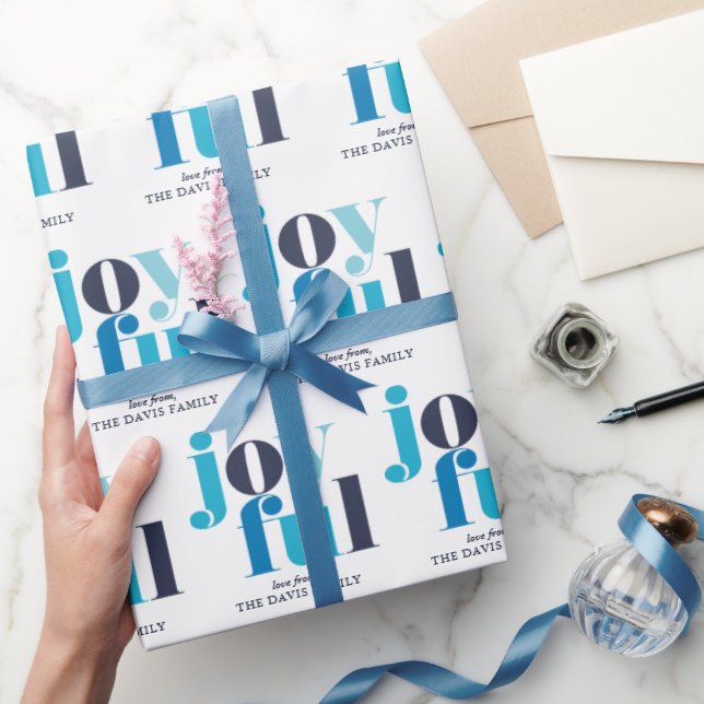 Winter Blue "Joyful" Personalized Holiday  Wrapping Paper (Gifting)