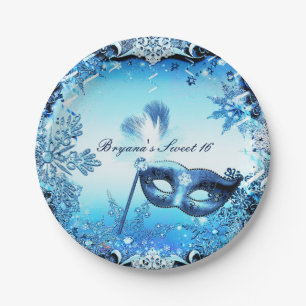 Winter Blue Masquerade Mask & Snowflakes Elegant Paper Plate