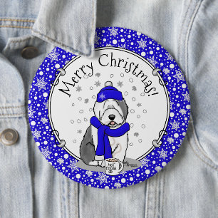 Winter Blue Old English Sheepdog Dog (Grey 1) Cute 6 Inch Round Button
