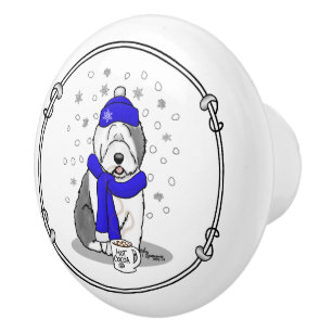 Winter Blue Old English Sheepdog Dog (Grey 1) Cute Ceramic Knob
