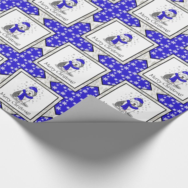 Winter Blue Old English Sheepdog Dog (Grey 1) Cute Wrapping Paper (Corner)